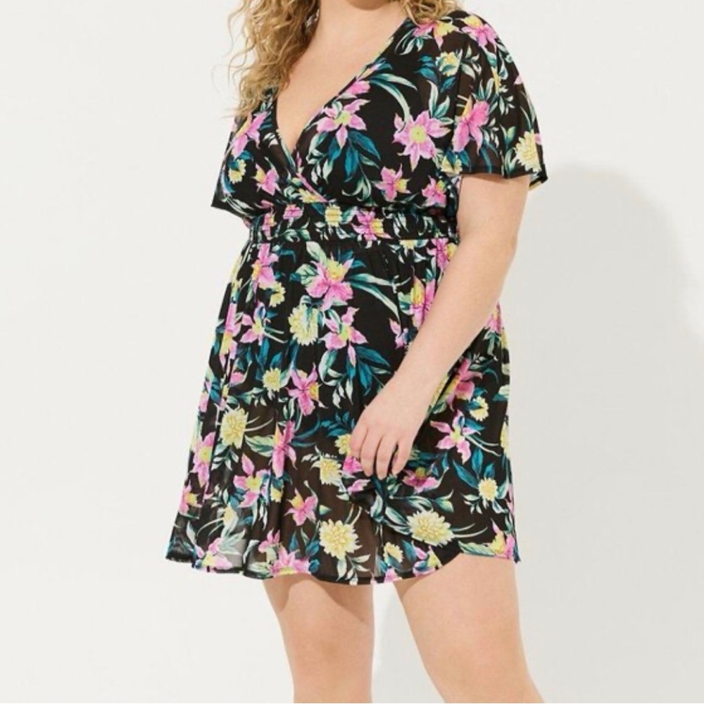 Torrid Mesh Smocked Waist Swim Cover Up Plus Size 0 Tropical Bohemian Vacation-G